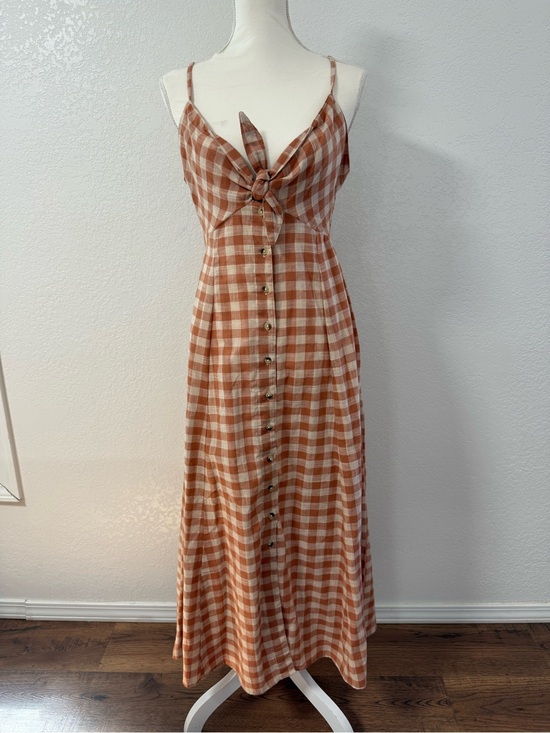 Angie Dresses & Skirts - ANGIE  Rust and Cream Plaid Maxi Dress with Front Tie V-Neck Button Cotton M.